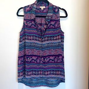 DB Purple floral striped sleeveless button up blouse sz Med EUC